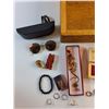 Image 2 : Wooden Box, Various Rings, Necklace, Pocket Watch, Tie Clip, Multi Tool, Resin Scorpion and Misc