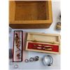 Image 3 : Wooden Box, Various Rings, Necklace, Pocket Watch, Tie Clip, Multi Tool, Resin Scorpion and Misc