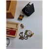 Image 4 : Wooden Box, Various Rings, Necklace, Pocket Watch, Tie Clip, Multi Tool, Resin Scorpion and Misc