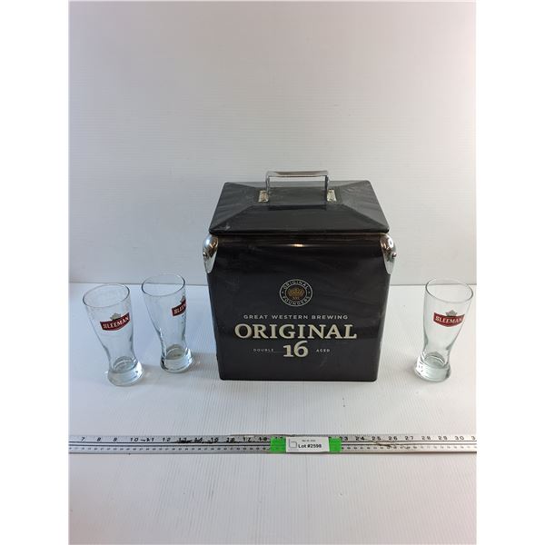 Great Western Brewing Ice Bucket Cooler and (3) Sleeman Beer Glasses