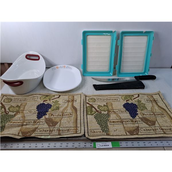 Hook-Eye Knife with Case, (2) Placemats, Ceramic Tray, Misc.
