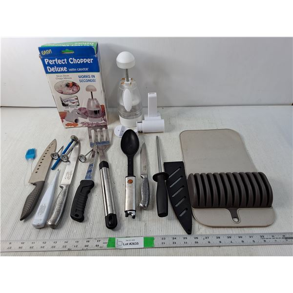 Kitchen Lot- Knives, Perfect Chopper, Thermometers, Misc.
