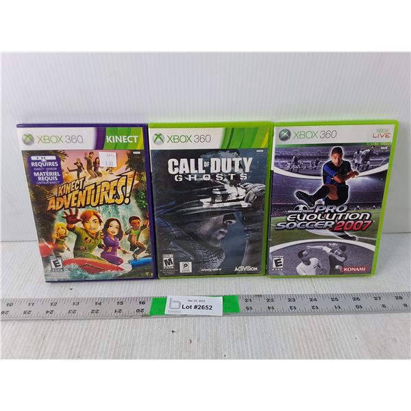 (3) Xbox 360 Games- Kinect Adventures, Call of Duty Ghosts, Pro Evolution Soccer 2007