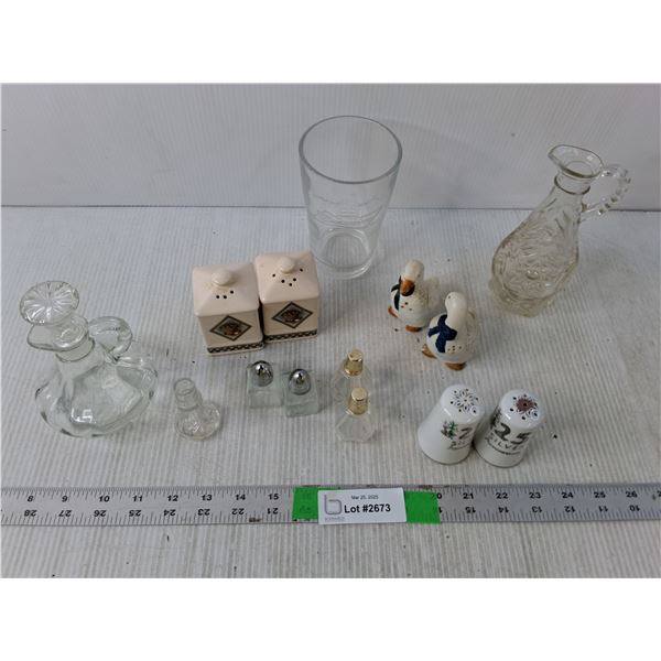 (5) Sets of Salt & Pepper Shakers, Glass Decanter, Budweiser Glass
