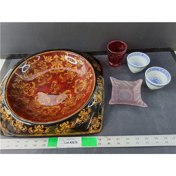 Decorative Glass Tray 13.5", (2) Ceramic Cups, MIsc.