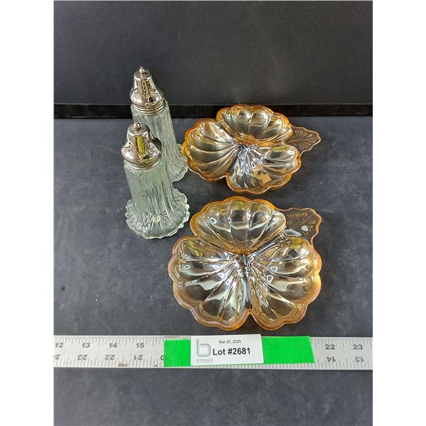 Glass Salt & Pepper Shakers, (2) Glass Trays