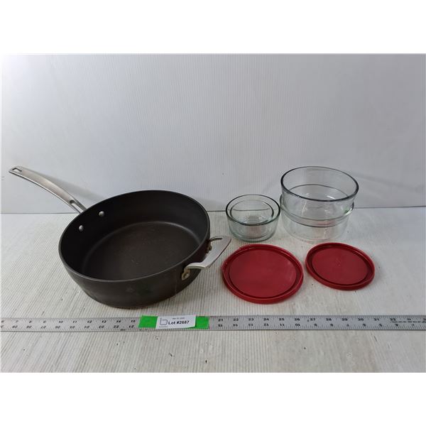 Kirkland Signature Saute Pan, (4) Glass Containers- Pyrex & Anchor, (2) Lids