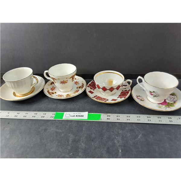 (4) Tea Cup & Plate Sets- Bone China, Ceramic