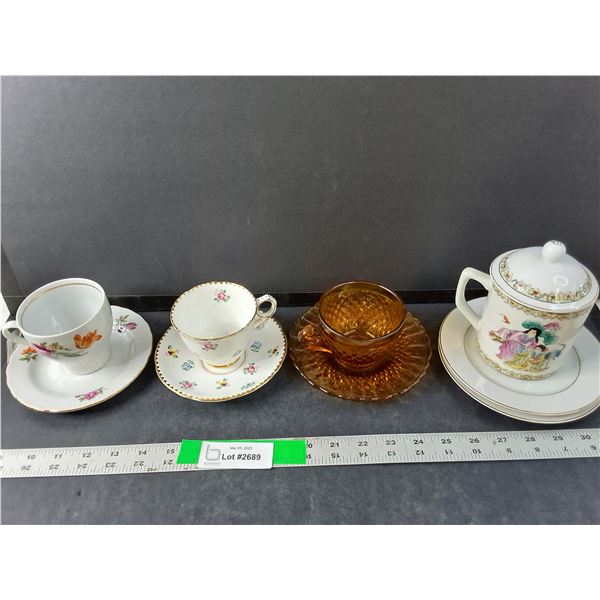(4) Teacups, (5) Plates- Bone China, Ceramic, Glass