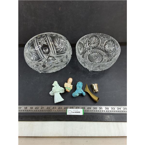 (2) 3-Footed Crystal Bowls & Vintage Finger Puppets
