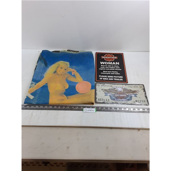 Harley Davidson Lot (Sign 11.5" x 8.5", License Plate, Girl-on-Bike Flag 56" x 34" - Some Stains)
