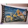 Image 2 : Harley Davidson Lot (Sign 11.5" x 8.5", License Plate, Girl-on-Bike Flag 56" x 34" - Some Stains)