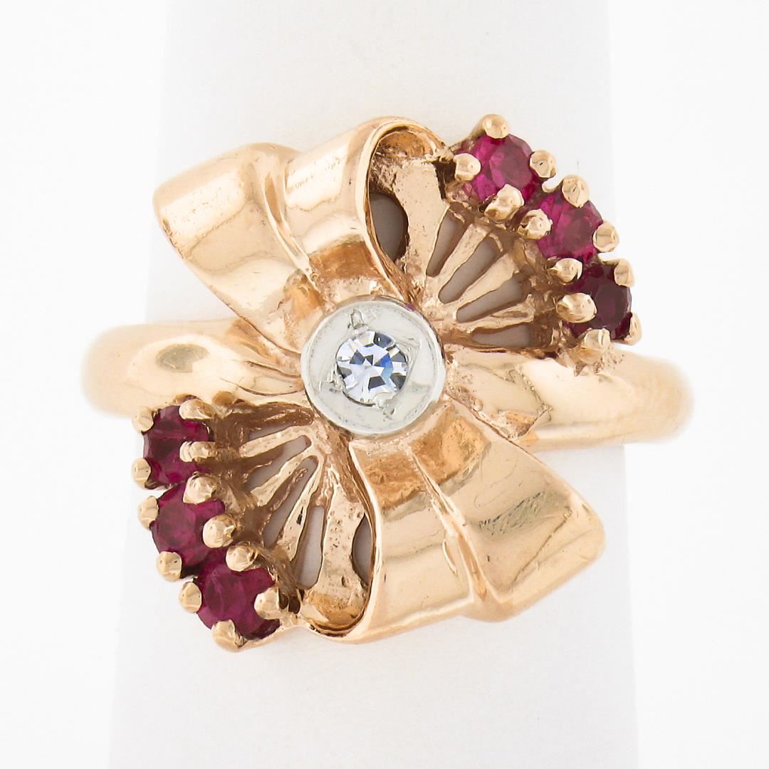 Vintage Retro 14K Rose Gold Old Cut Diamond & Red Stone Polished Bow ...