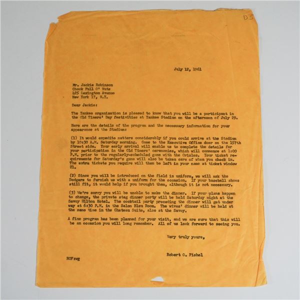 Yankees Letter, Jackie Robinson Old Timers' Day Invitation