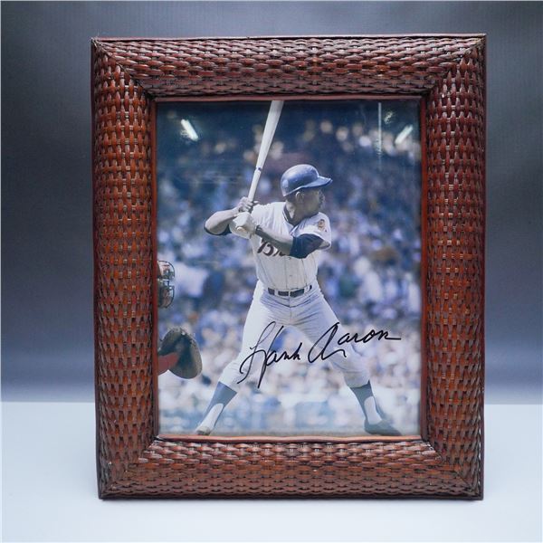 Hank Aaron Signed Photograph with COA in Wicker Frame