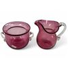Image 1 : 2 Vintage Cranberry Glass Collectibles: Pitcher & Handled Bowl