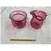 Image 2 : 2 Vintage Cranberry Glass Collectibles: Pitcher & Handled Bowl