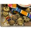 Image 3 : Vintage Craven A Cigarette Tin With Assorted Vintage Military Buttons, Pin Backs, & Cloths
