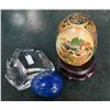 Image 2 : 3 Collectibles: Val St Lambert Ice Block, Lapis Egg, & Hand Painted Asian Egg With Stand