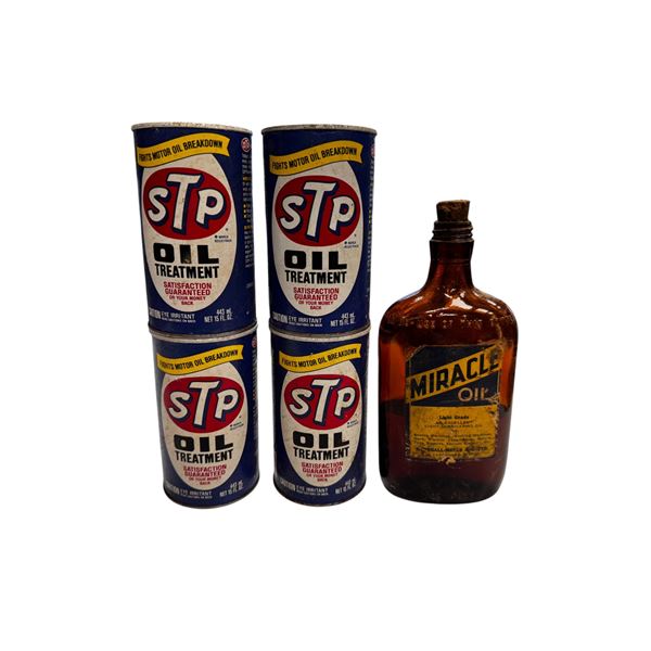 4 STP Oil Treatment Cans(Full) & Miracle Oil Glass Bottle