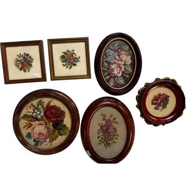 6 Vintage Framed Needle Point Art Works