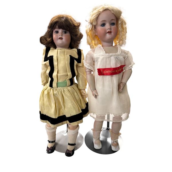 Shadow Box With 2 Vintage Porcelain Headed Dolls: Armand Marseille 390 & Simon & Halbig