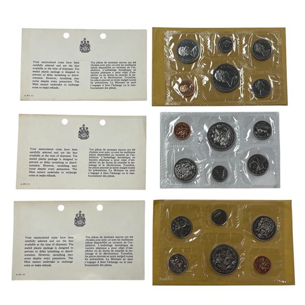 3 Sets Of Uncirculated 1970 Canadian Coin Sets: Dollar, 50 Cent, Quarter, Dime, Nickel, & Penny