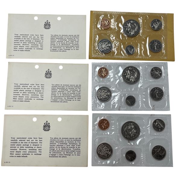 3 Sets Of Uncirculated 1970 Canadian Coin Sets: Dollar, 50 Cent, Quarter, Dime, Nickel, & Penny