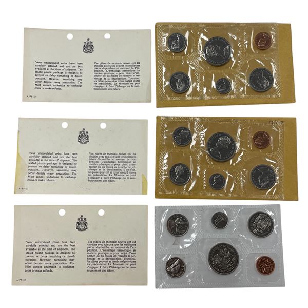 3 Sets Of Uncirculated 1970 Canadian Coin Sets: Dollar, 50 Cent, Quarter, Dime, Nickel, & Penny
