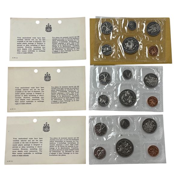 3 Sets Of Uncirculated 1970 Canadian Coin Sets: Dollar, 50 Cent, Quarter, Dime, Nickel, & Penny