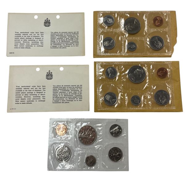 3 Sets Of Uncirculated 1968,70,72 Canadian Coin Sets: Dollar, 50 Cent, Quarter, Dime Nickel, & Penny