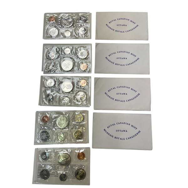 5 Sets Of Uncirculated 1971 Canadian Coin Sets: Dollar, 50 Cent, Quarter, Dime, Nickel, & Penny