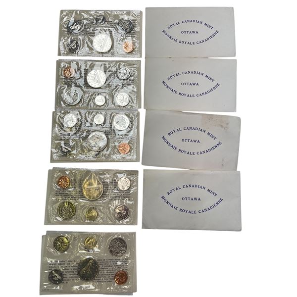 5 Sets Of Uncirculated 1971/72 Canadian Coin Sets: Dollar, 50 Cent, Quarter, Dime, Nickel, & Penny