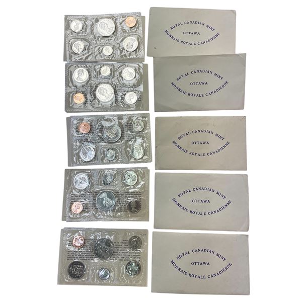 5 Sets Of Uncirculated 1972 Canadian Coin Sets: Dollar, 50 Cent, Quarter, Dime, Nickel, & Penny