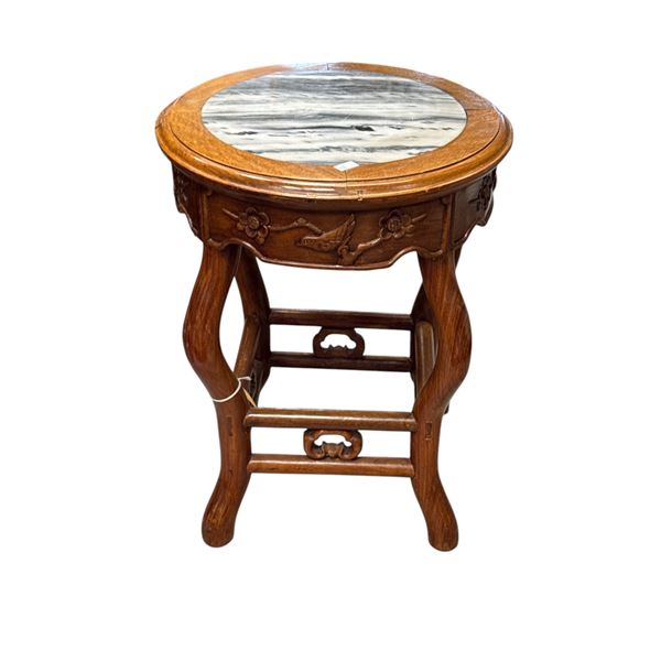 Vintage Asian Bird & Floral Motif Marble Top Stool