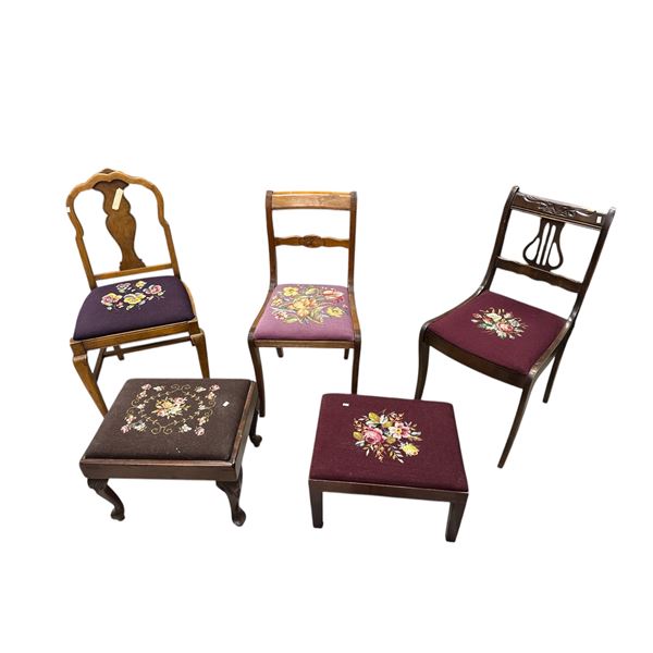 5 Vintage Needle Point Collectibles: 3 Chairs & 2 Stools