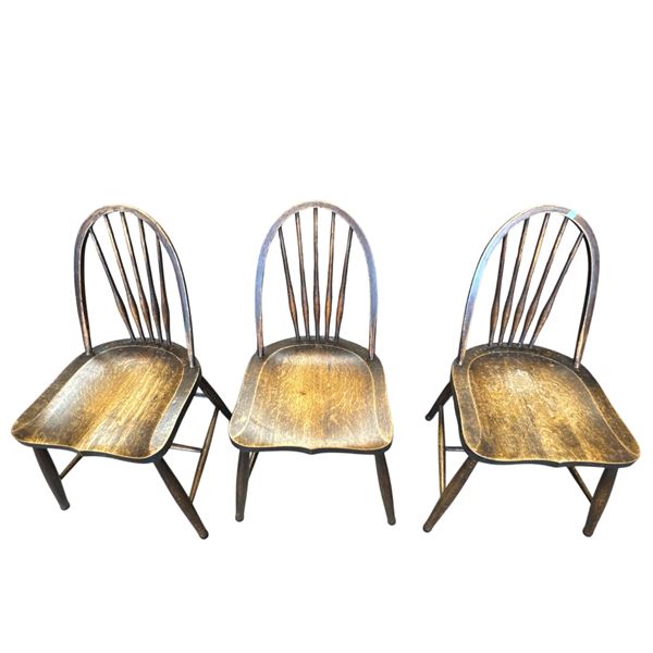 3 Vintage Saddle Seat Windsor Back Chairs