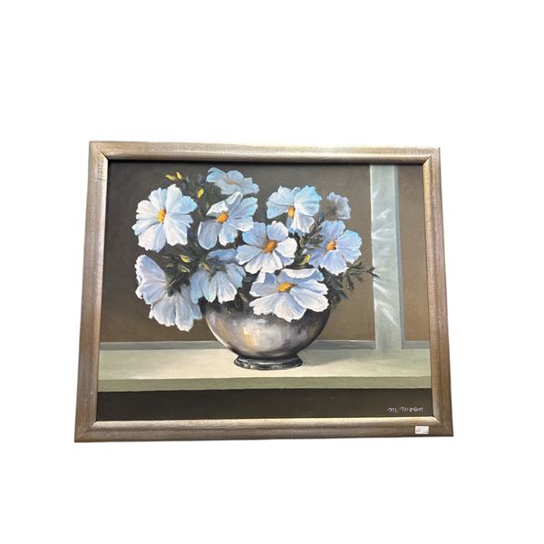 Vintage Original Oil On Canvas Still Floral Plant In Vase Painting Signed M.Moon