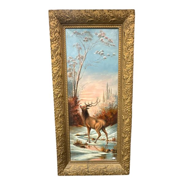 Vintage Original Oil On Canvas Painting Elk In Winter Signed AKA