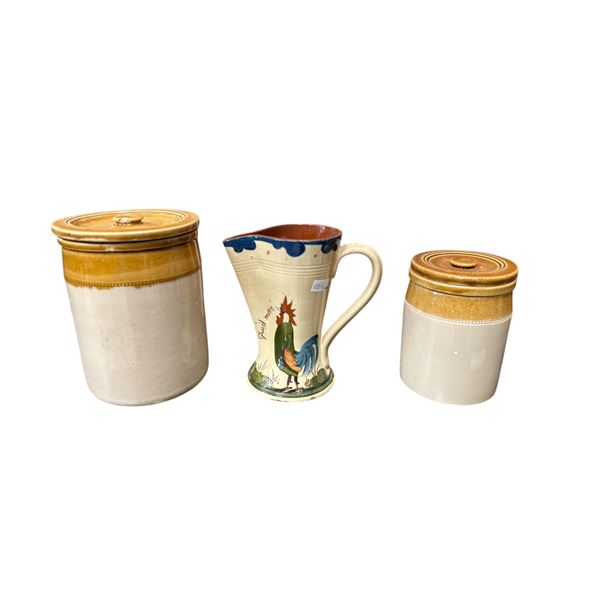3 Vintage Collectibles: Stoneware Lidded Containers & Terracotta Rooster Pitcher