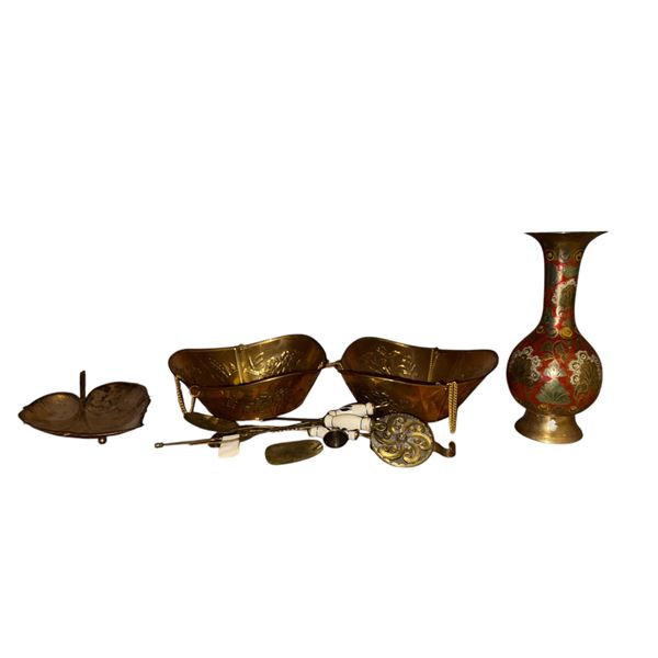 Assorted Brass & Plated Items: Hanging Baskets, Vase, Catch All Leaf, & More