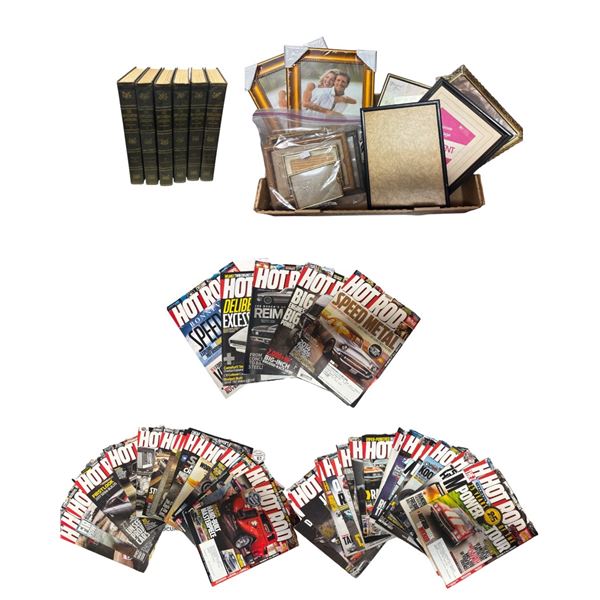 Assorted Picture Frames, Hot Rod Magazines, & Encyclopedias