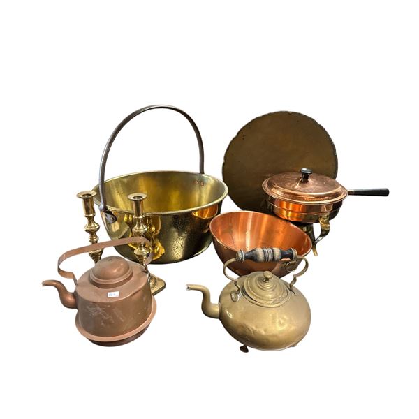 Assorted Brass & Copper Items: Pail, Candle Stick Holders, Chaffing Dish, & More