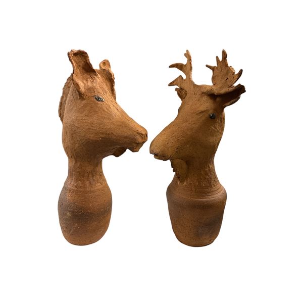Pair Of Vintage Pottery Deer Heads