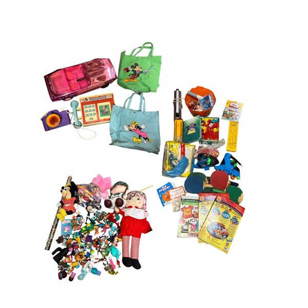 2 Bins Of Assorted Toys: Mickey Mouse, Cars. Camera, Ping Pong Paddles, & More