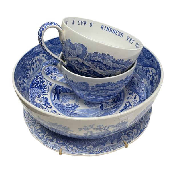 5pcs Of Vintage Blue White Spode Porcelain Dishware: Cups, Bowls, Plate