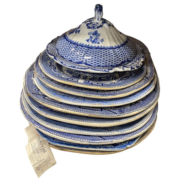 10pcs Of Vintage Blue White Platters & Lidded Warming Dish