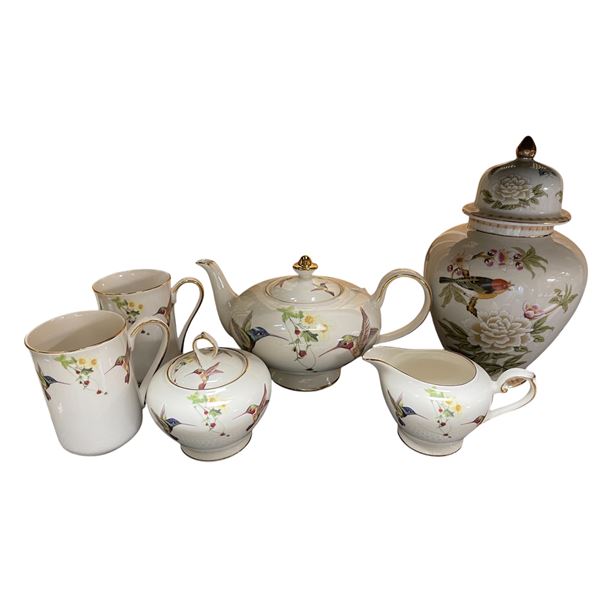 6pcs Of Abbott Hummingbird Themed Porcelain Ware: Teapot, Lidded Jar, Creamer, Sugar Container, Cups