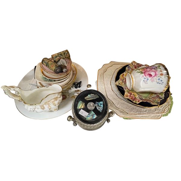 Assorted Porcelain Ware, Art Glass Stir Sticks, Plated Coasters: Chintz, Limoges, & More