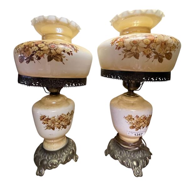 Set of Two Vintage Brown and Cream Hurricane Lamps